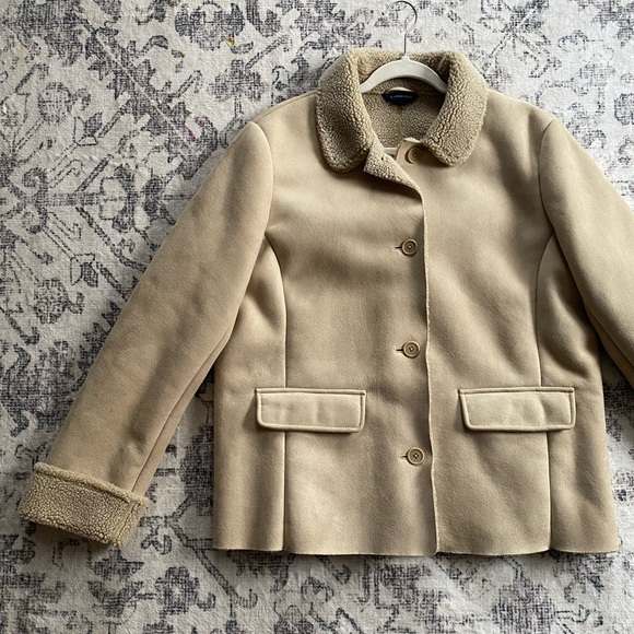 Vtg Y2K Lands End Tan Faux Suede Sherpa Fleece Lined Soft Barn Coat Jacket 14/16 - Picture 2 of 13